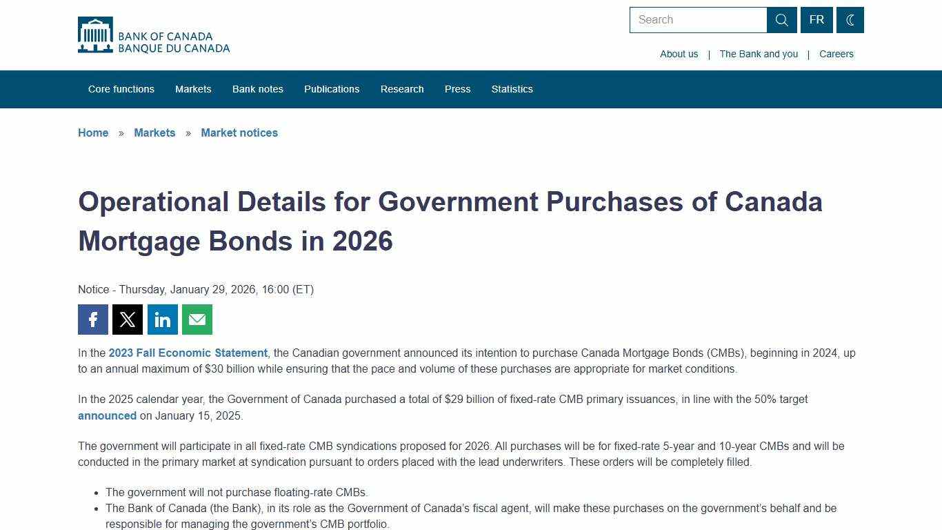 Operational Details for Government Purchases of Canada Mortgage Bonds in 2026 - Bank of Canada