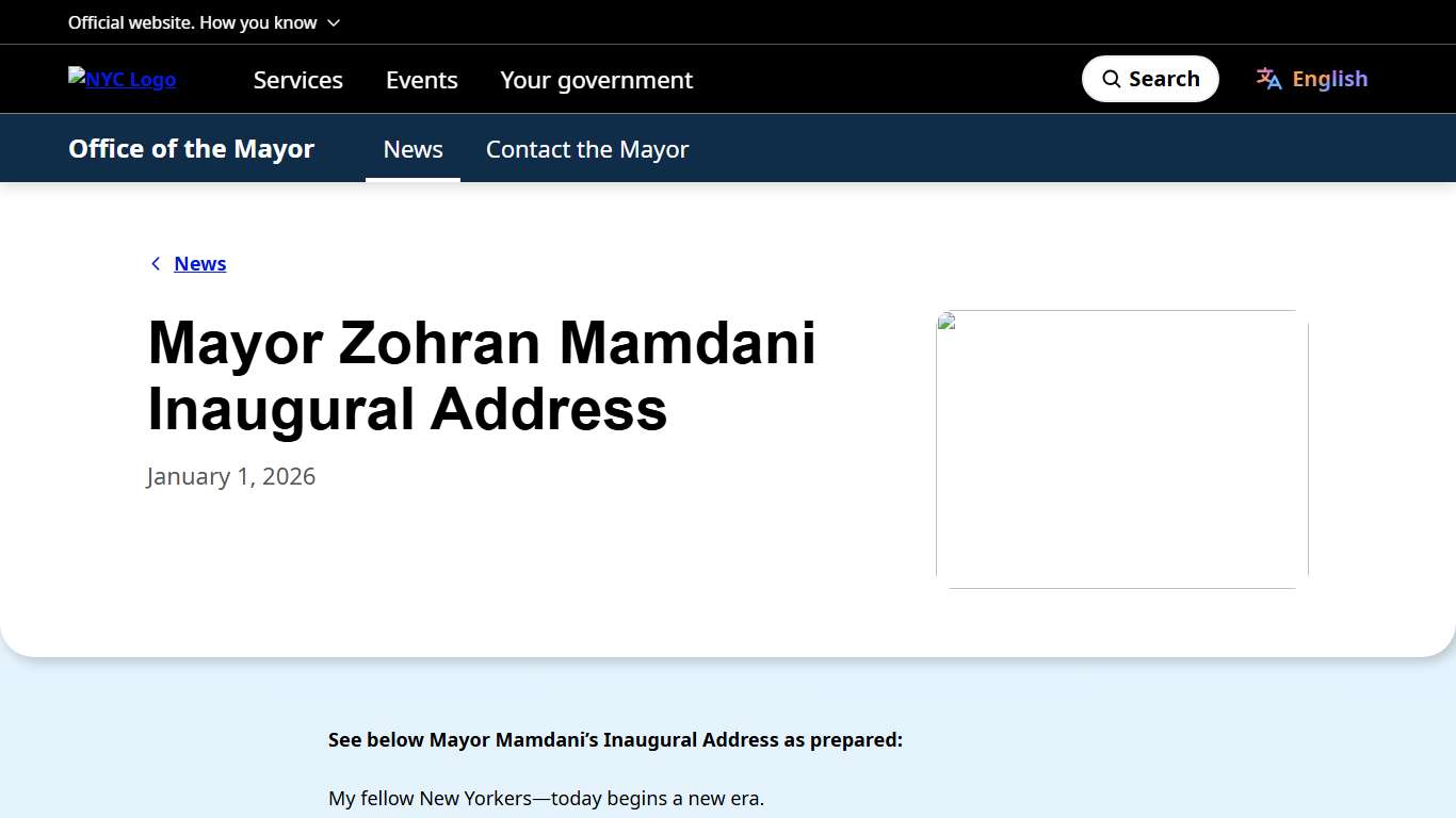 Mayor Zohran Mamdani Inaugural Address - NYC Mayor's Office